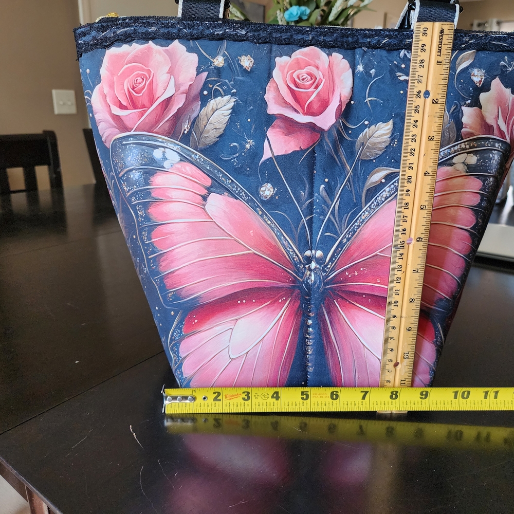 Handmade floral Butterfly ZipperTote Bag - Pink and Black